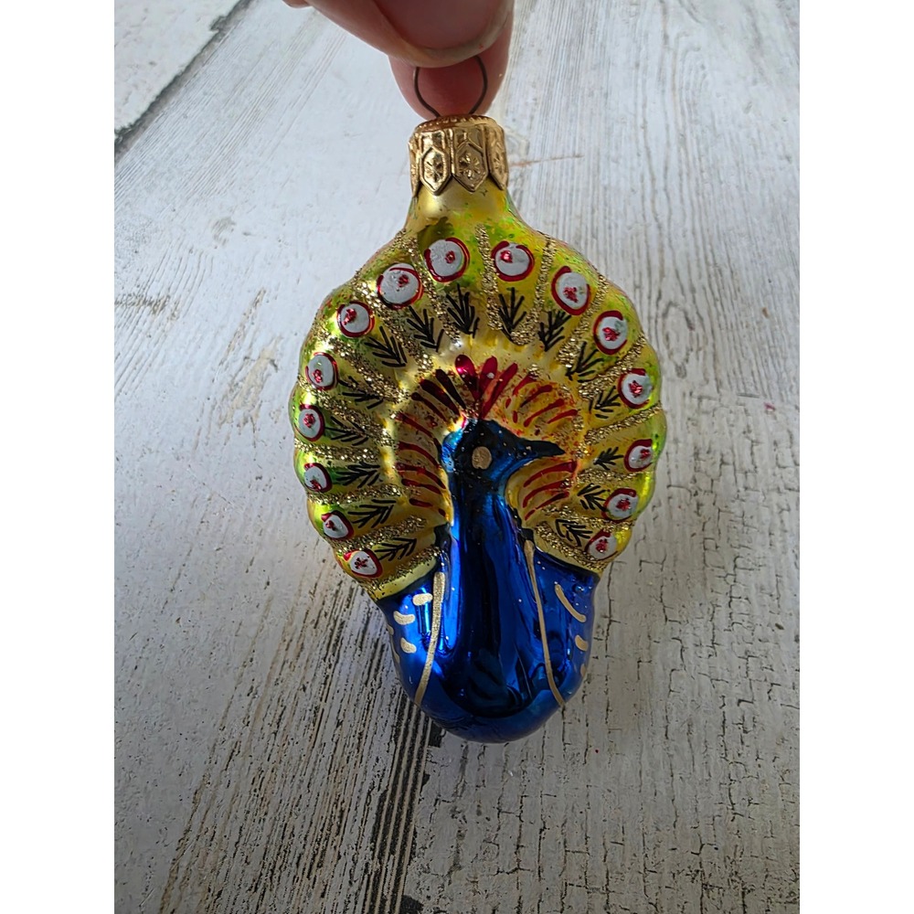 Glass peacock bird glass ornament‎ glitter gold blue Xmas tree